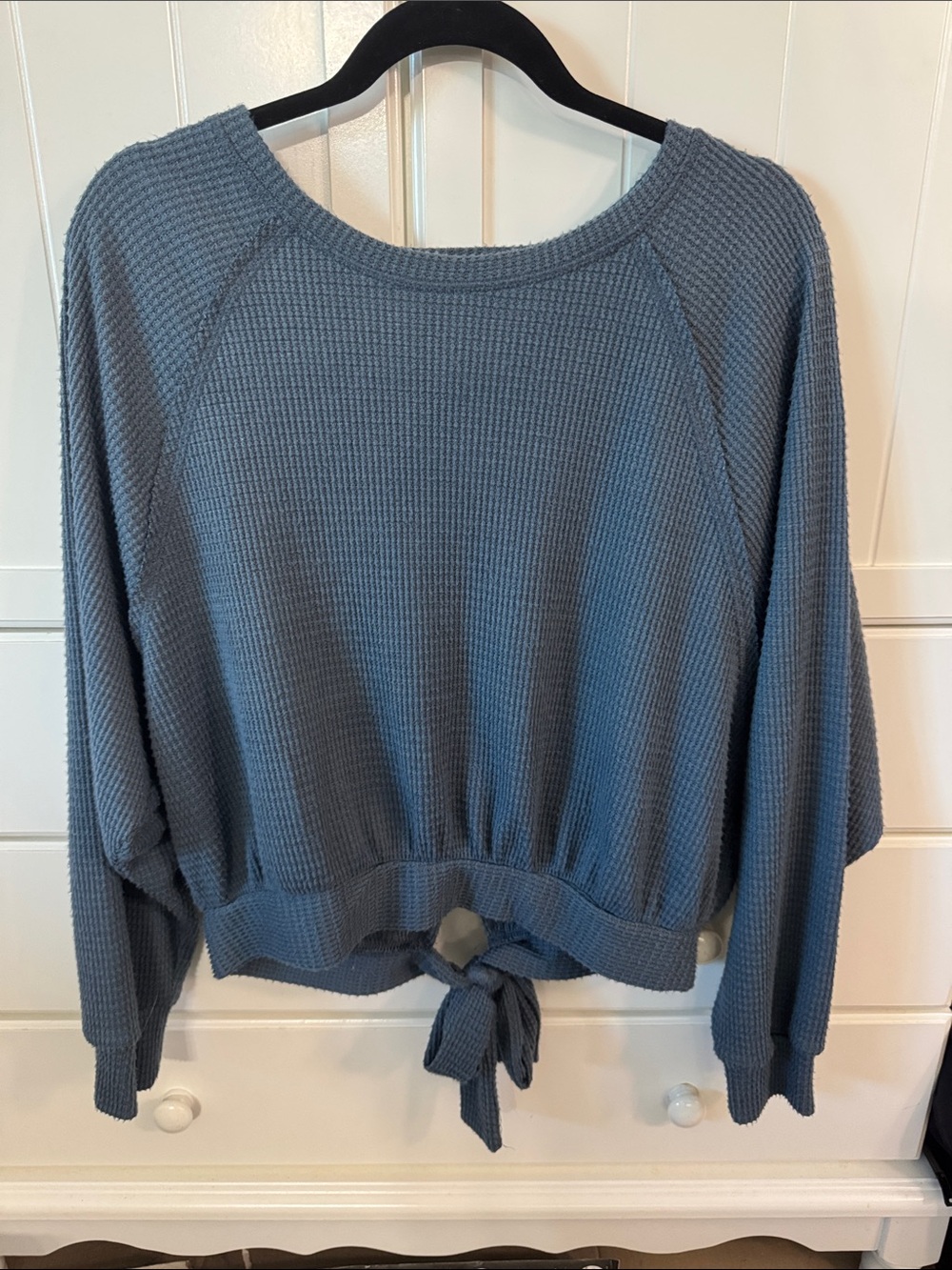 Vintage Havana Slate Blue Waffle-Knit Tie-Front Crewneck Sweater